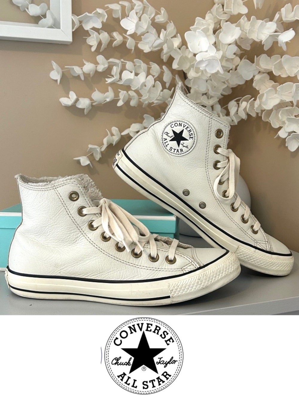 Converse Chuck Taylor All Star Leather High Top Sneakers Off White Women’s 8.5